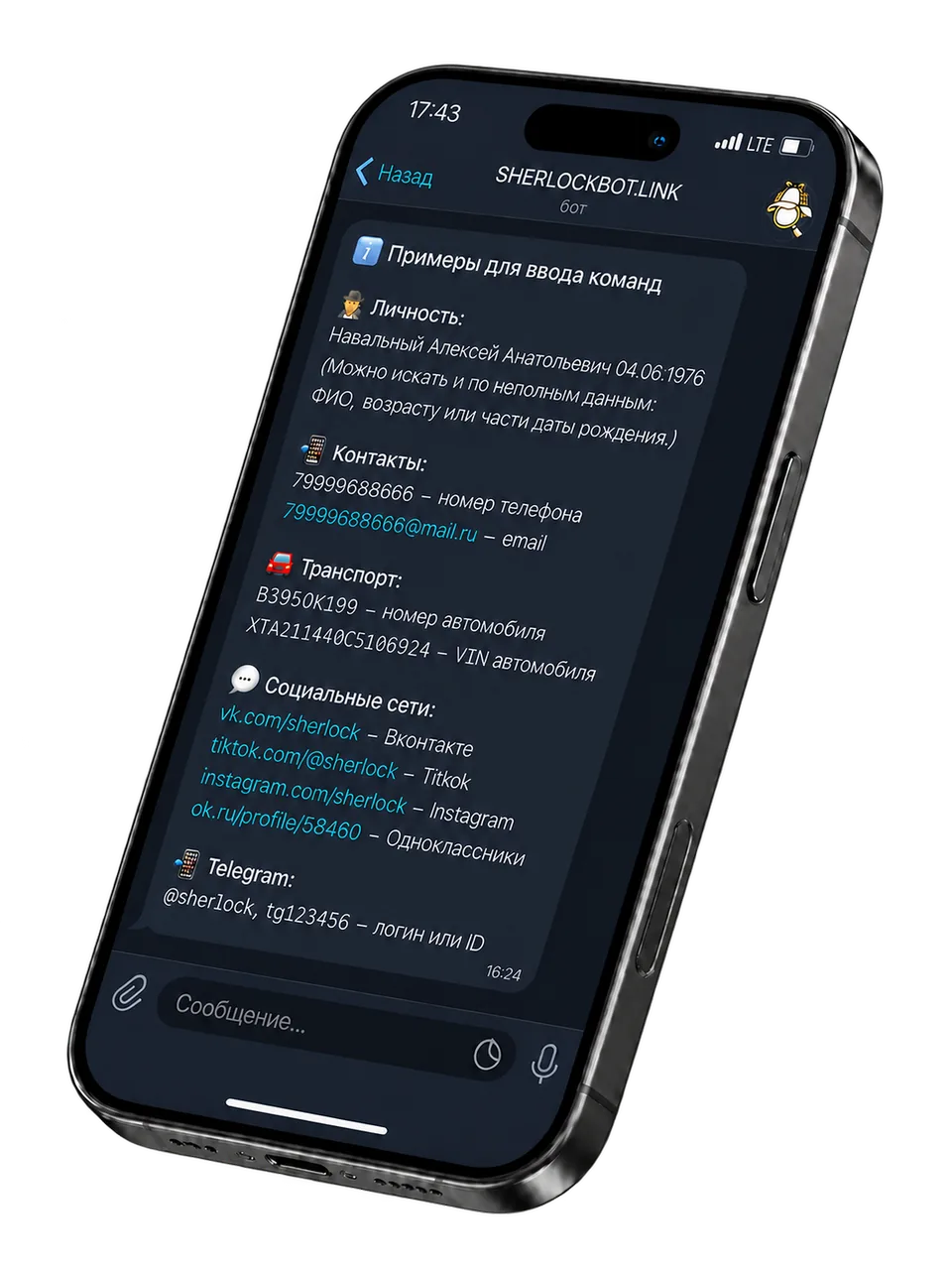 Экран Telegram со сводкой Sherlock Bot по открытым данным
